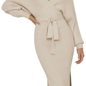 Women's white Wrap Knit Midi Dress with Tie Waist